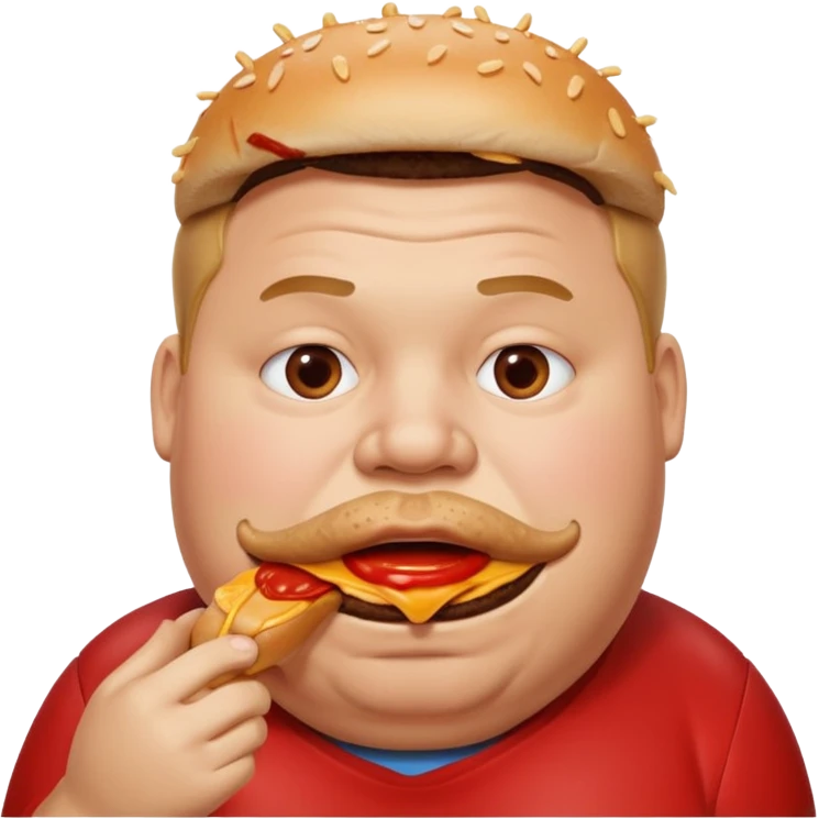A fat guy eating a burger with ketchup all over his mouth emoji