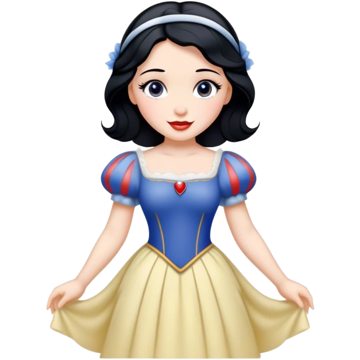 Cinematic Radiant Snow White Portrait Emoji, rendered in a realistic, vector style with clean proportions. Show Snow White with a soft, welcoming smile, delicate porcelain skin, and neatly arranged raven hair, wearing her timeless dress. The image radiates a warm, inviting glow, high shine, and is enhanced by a soft glowing outline that accentuates her gentle beauty. emoji