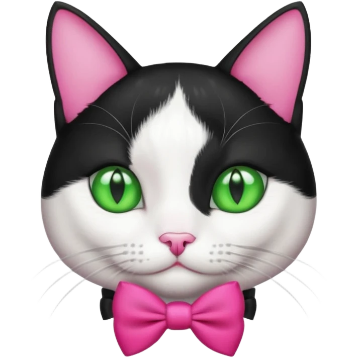A black and white cat tuxedo breed head with green eyes she has a hot pink bow on her head  emoji