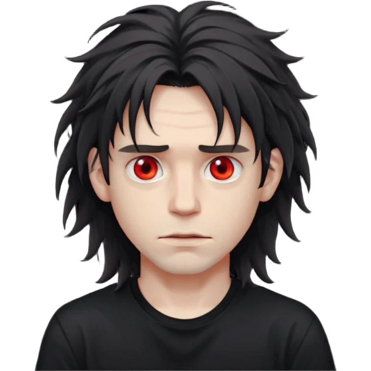 Парень с бледной кожей и красными глазами,  чёрные длинные растрёпанные волосы до ушей, в черной футболке  emoji