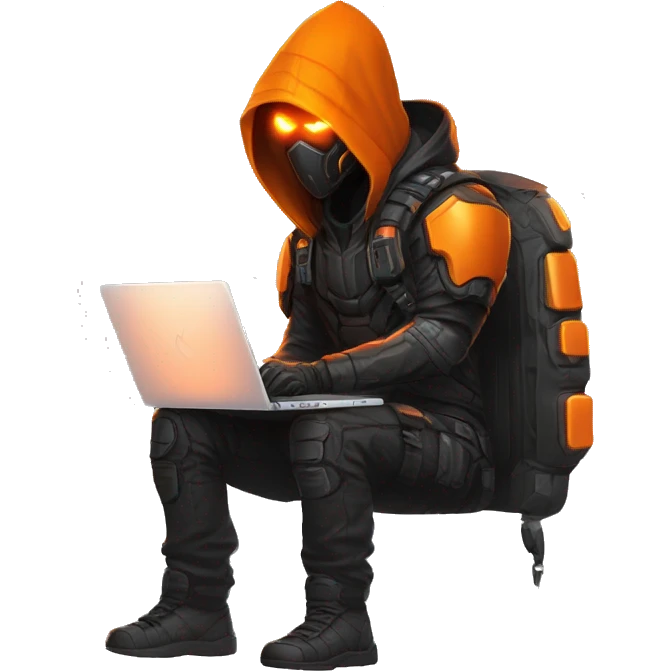  developer behind his laptop with this style : crysis Cyberpunk Valorant orange glowing bright orange character orange black hooded assassin themed character emoji
