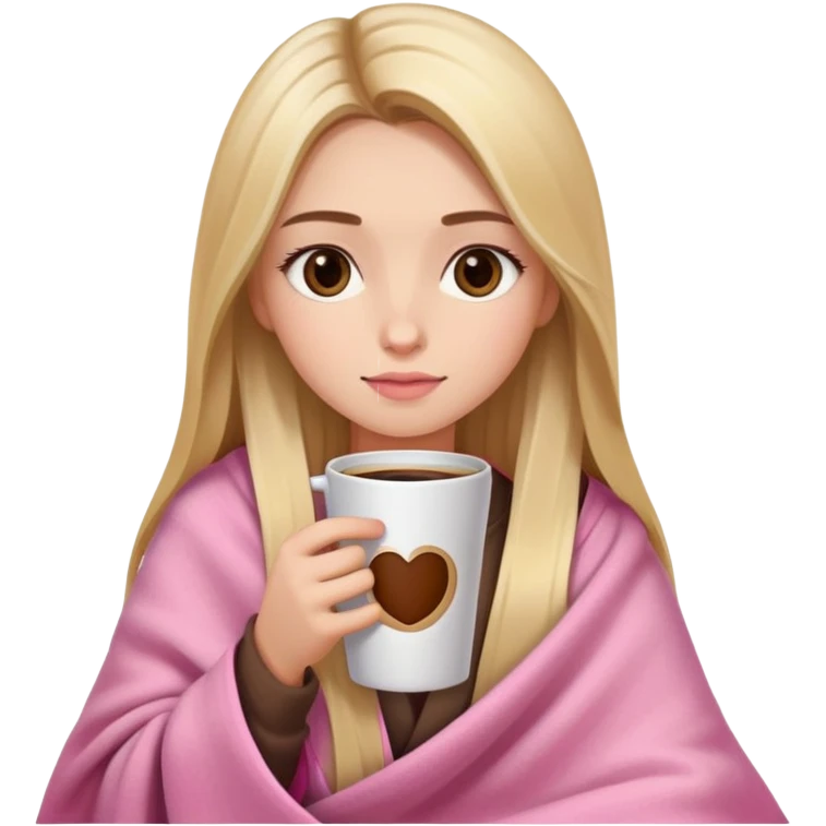 Long blonde straight balayage hair girl drinking coffee, almond dark brown eyes, pink blanket emoji