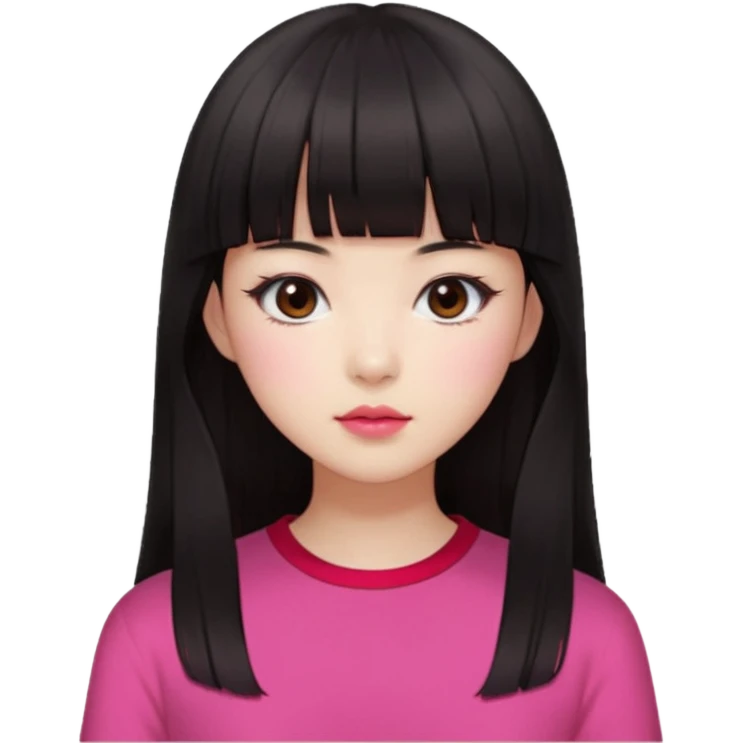 Korean girl, red top, black brown hair, brown eyes, long hair, cool girl, aesthetic, long hair, hime cut, blunt bangs, pink lips, pink cheek emoji