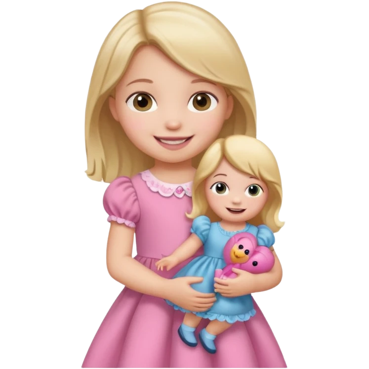 Toddler girl – holding a doll with a smile. emoji