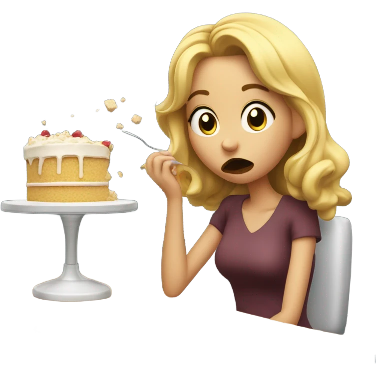 Blonde girl shoving cake into her mouth while working emoji