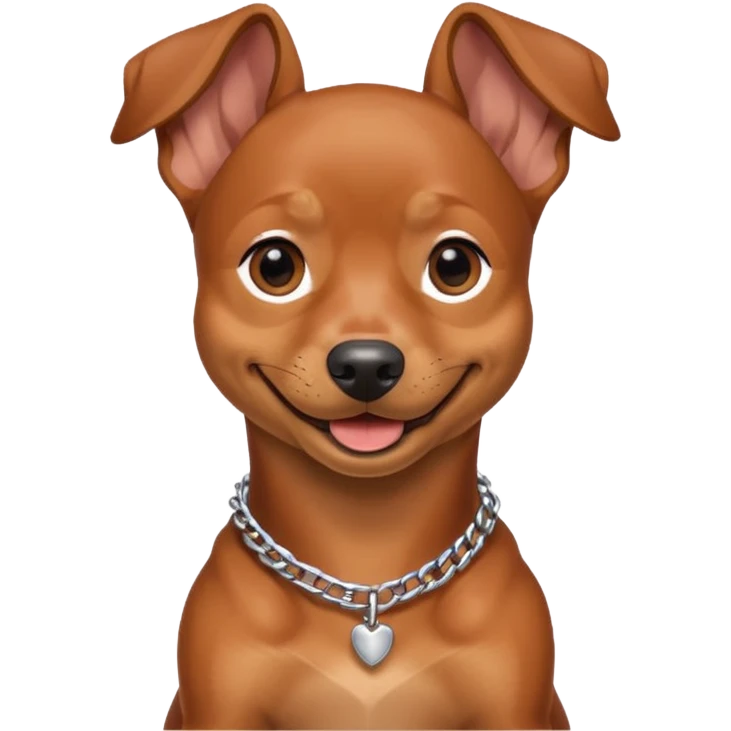 a pinscher dog sitting and smiling with a silver chain in the neck emoji