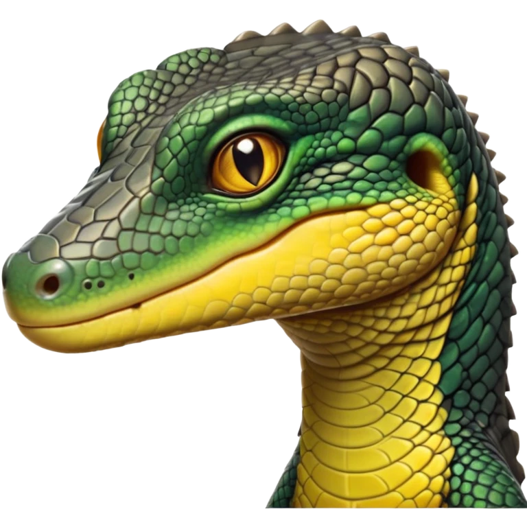 cinematic-realistic-cute-monitor-lizard-portrait-emoji,-head-tilted-playfully-and-inquisitively,-featuring-a-compact,-agile-body-with-finely-detailed,-glossy-scales-in-earthy-black and yellow-hues-and-a-distinct,-alert-face-with-bright,-curious-eyes, black , yellow spotted and green band  scales and a big long neck emoji