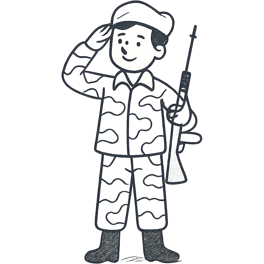 Remove the text from the chest, keep the little soldier with a camouflage uniform in cream, brown, and beige colors, saluting like a military figure, in a hand-drawn style. emoji