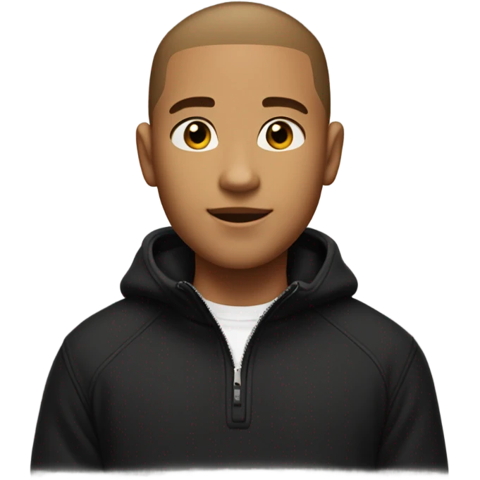 boy with light tanned skin, buzz cut, no facial hair, wearing a smart black quarter zip jumper with white t shirt underneath. emoji