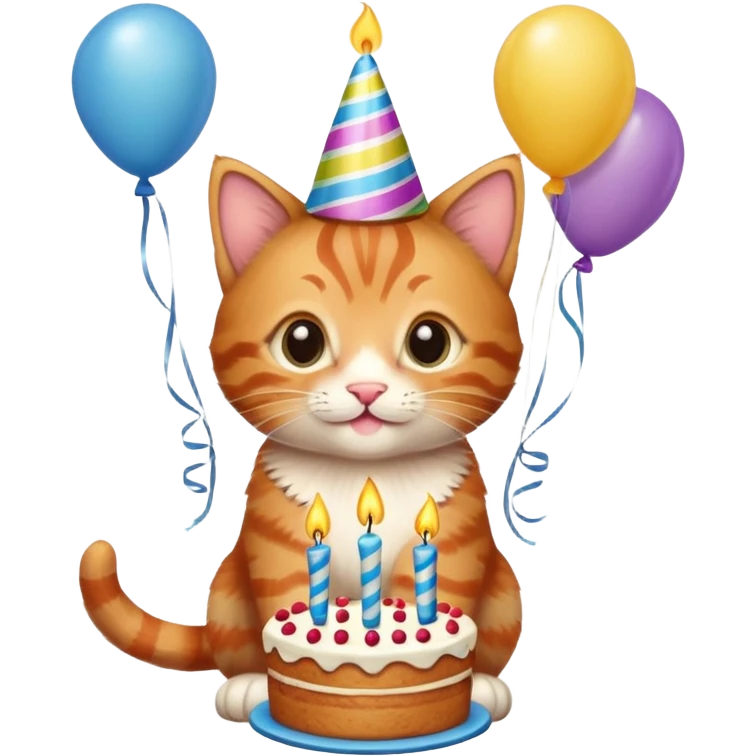 Ginger tabby kitten celebrates birthday, birthday hat, birthday cake, one candle, balloons, happy, gifts emoji