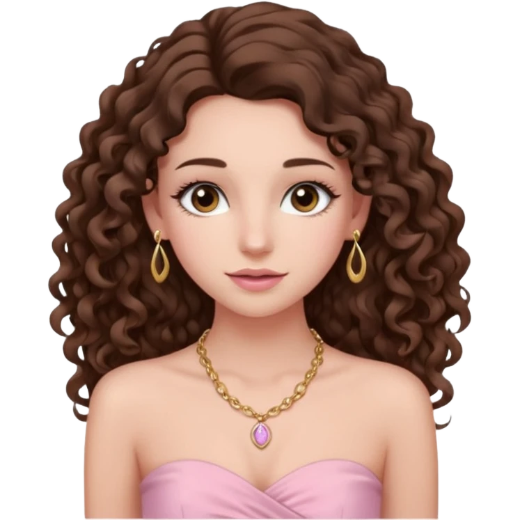 crée moi une jeune fille très belle avec les cheveux bouclés long brune avec un top  sans manche ni brettelles juste un 'bandeau' de couleur rose clair avec un peu de maquillage et des beauxcils un collier en or emoji