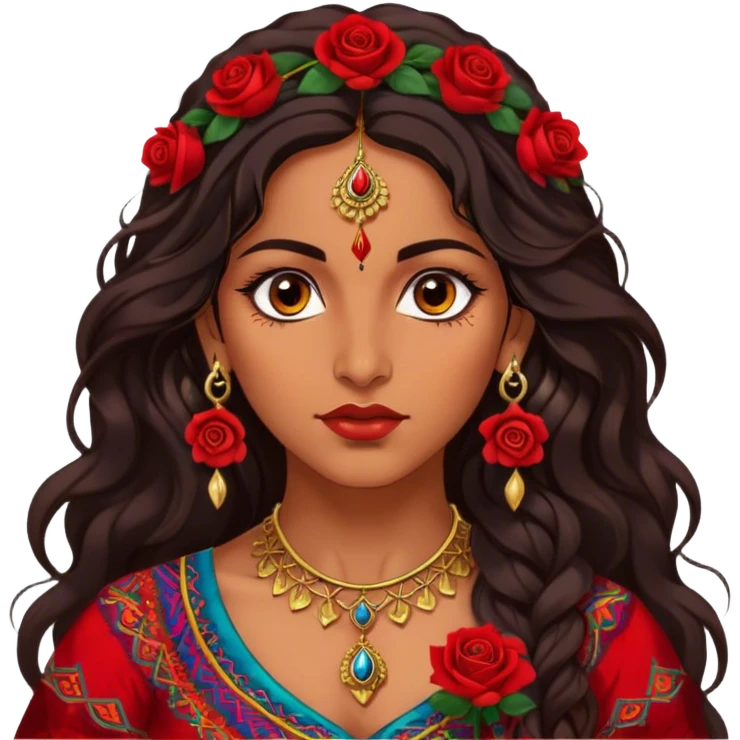 A beautiful Romani woman with deep, expressive eyes and long, wavy dark hair. She wears a vibrant, traditional outfit with intricate patterns and golden jewelry. A red rose is tucked behind her ear, adding a touch of elegance. Her expression is confident and mysterious, as she stands under the warm glow of lanterns, evoking a sense of freedom and passion emoji