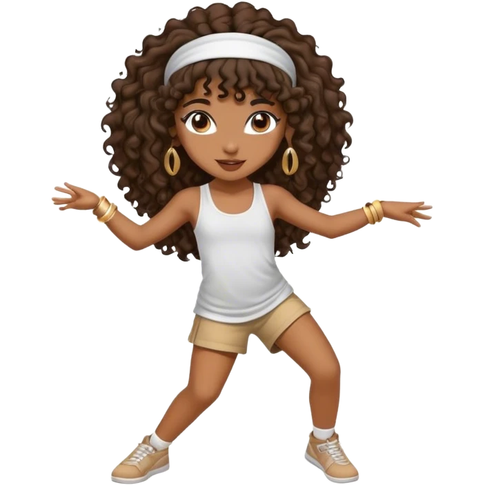 Dancing brown girl with long darn brown curly hair with headband hip hop emoji