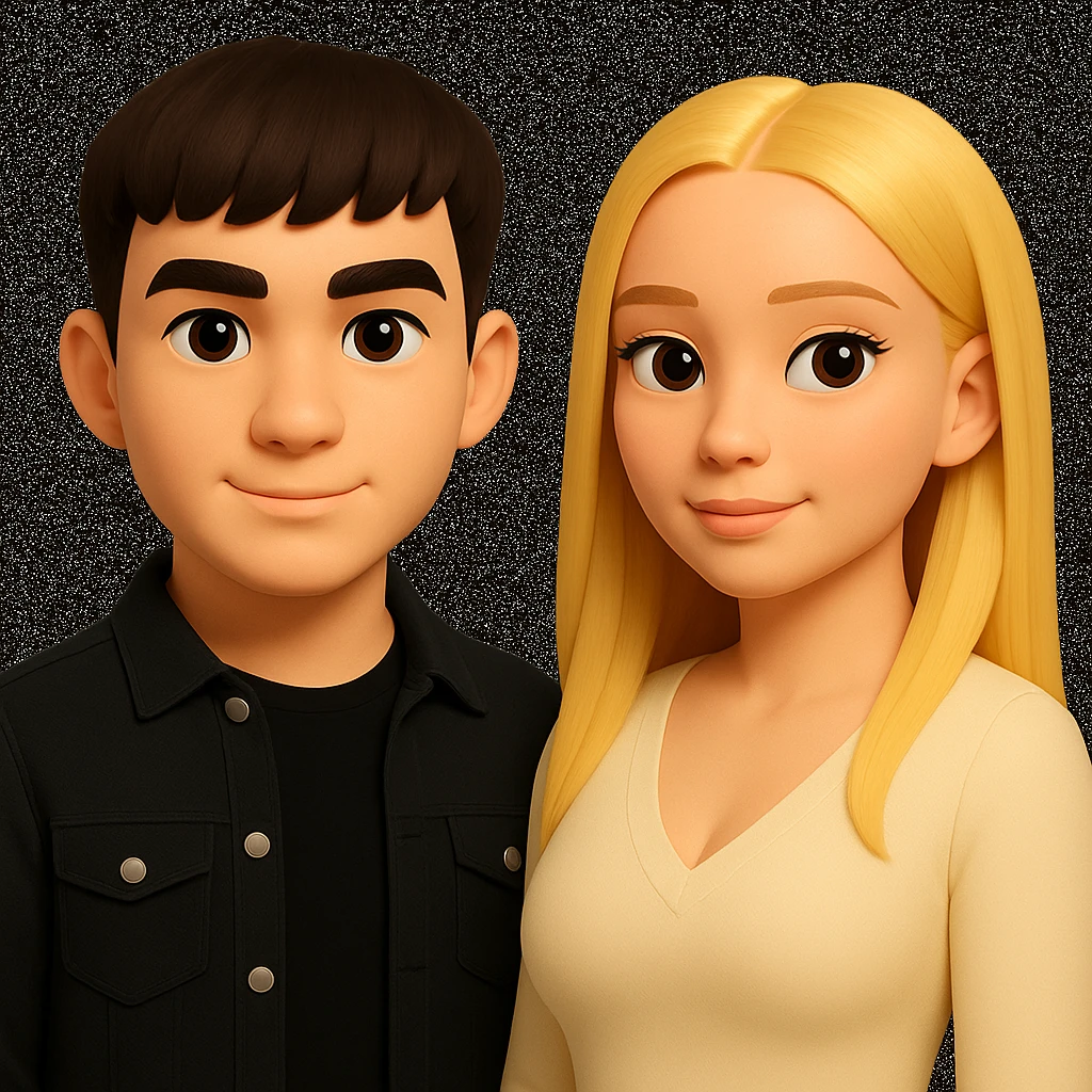 Slightly increase the volume of the upper body of the girl, separate the girl and the boy from each other, and make the skin color the same for both. Maintain the cartoonish 3D style in the edits. The original style is a cartoonish 3D style, so keep that look while editing. emoji