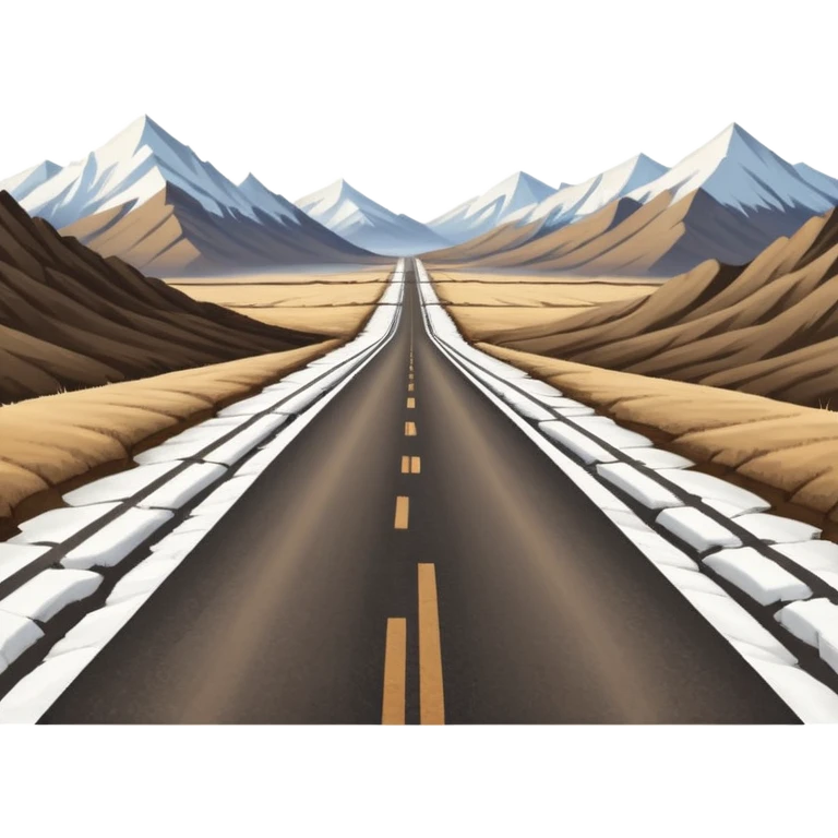 A long STRAIGHT dirt road that disappears into the horizon half way up the screen from the perspective of someone sitting in the middle of the road looking down it. Flat snow fields on both sides of the road with huge looming mountains above the roads horizon line.  emoji