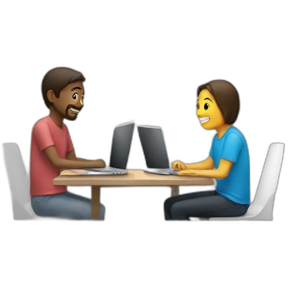two people sitting across a table using macbooks emoji