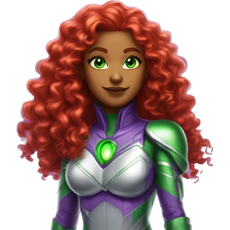 dc comics starfire glowing green eyes red curly long hair, purple and silver spacesuit with no helmet no green jewels emoji