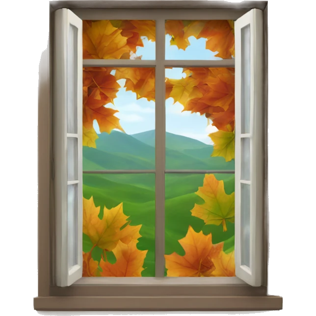 window that has fall leaves outside and green hills in the background  emoji