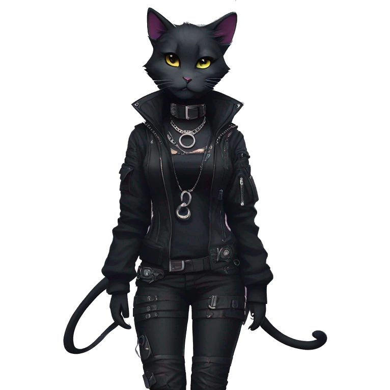 Gorgeous gothic dark techwear cyberpunk anime style sona anthro cat, aesthetic, and pretty edgy black with collar and harness, trending style emoji