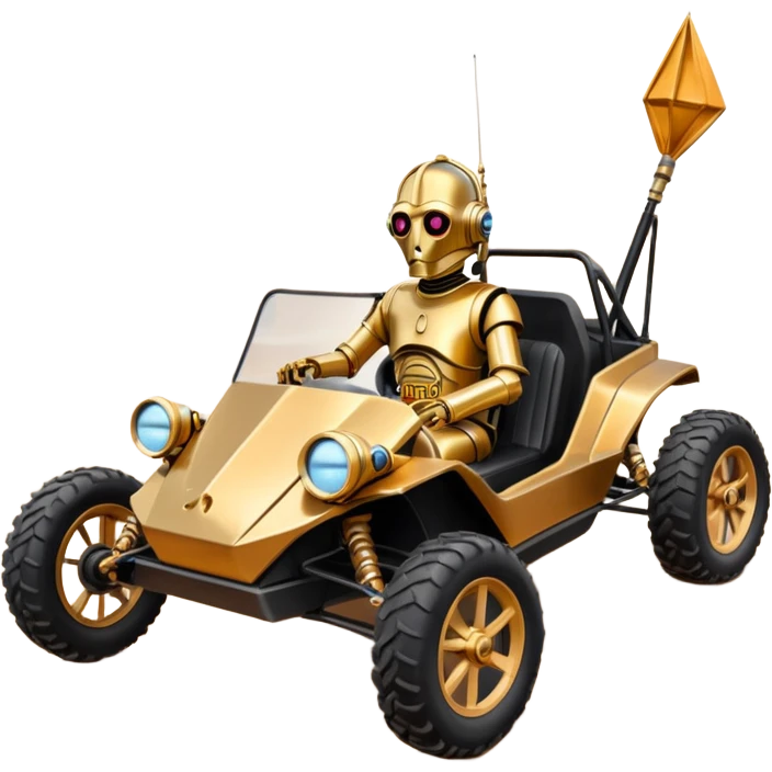 American southWest tarnished neon underglow C-3PO ghost hunter 1964 delicately ornate rosegold wood accents painted dune buggy buckboard powered by electric motors and batteries with racing safety belts while flying rapidly roughening terrain stable on strong agile advanced suspension and steering emoji