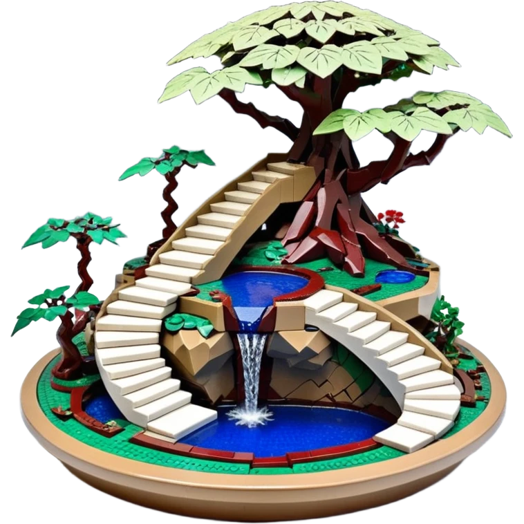 Alien saucer jungle-vines Lego stairway fountain mountain-island landscape antique mudman very old broken cracked intricate Stone Age lapis-crusted irregular dodecagon-shaped shallow dark moss rough bark blue serissa flowered maple tree bonsai pot emoji