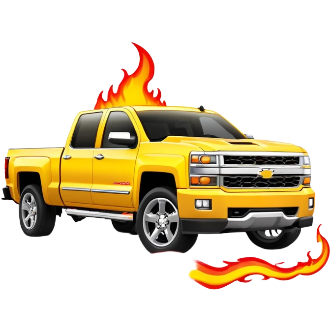 Bright yellow Chevrolet Silverado with red flame artwork exclusively on the front bumper, clean hood, exactly as in Kill Bill, 30-degree angle showcasing bumper detail, iOS emoji style emoji