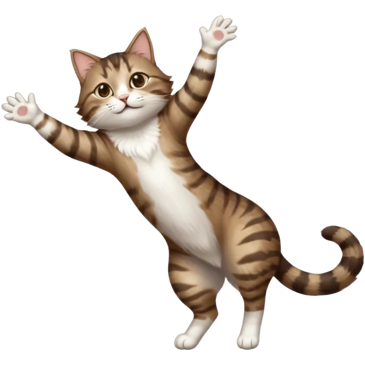 dark brown tabby and white cat with doing a big extremely long stretch reaching up into the air with arms and legs side by side together straight and overextended whilst lying on its side emoji