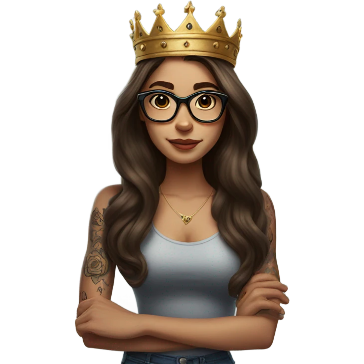 Hyperrealistic beautiful  girl, wearing a crown and glasses, arm tattoos, with long brown hair  emoji