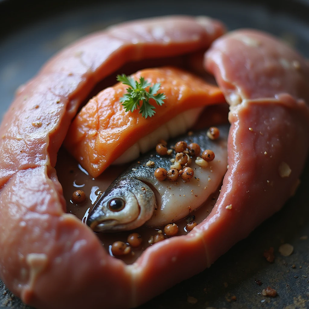 hyperrealistic 4K medical image of a human liver in section, containing sushi and raw fish full of parasites, highly detailed, parasites clearly visible and realistic emoji