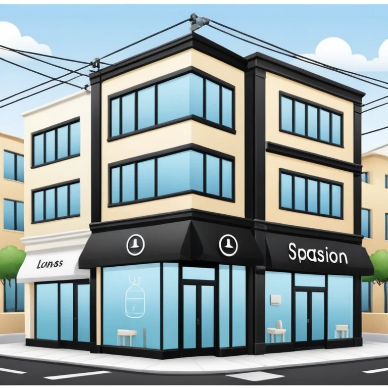 three separate beauty salon buildings spaced apart connected by lines like a network emoji