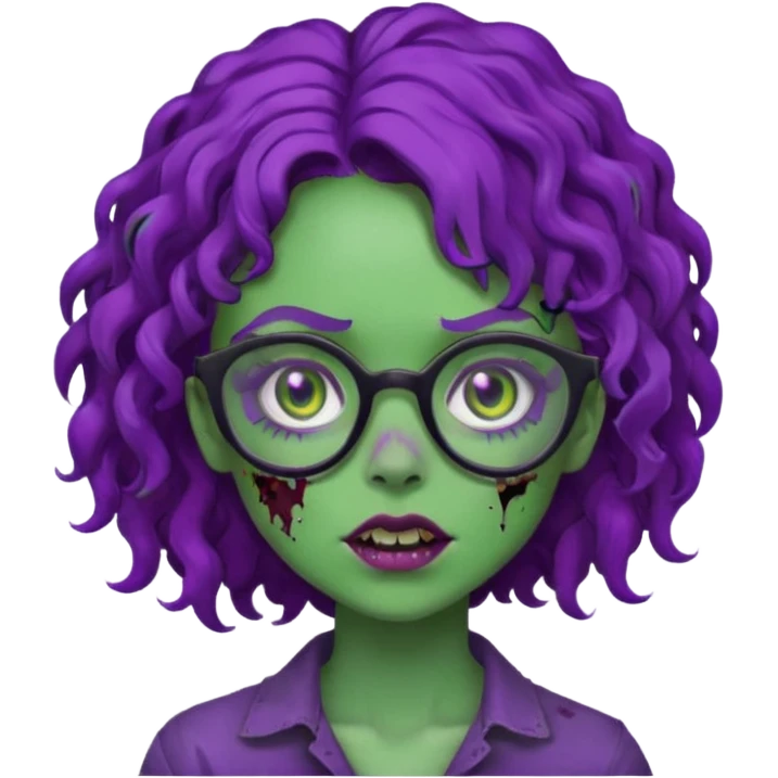 Crie uma garota zumbi com cabelo cacheado roxo, óculos preto e sardas com a pele verde  emoji