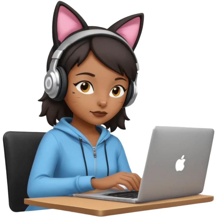 black girl who works remotely through a laptop with cat ear headphones emoji