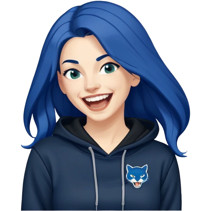White 30 year old woman with really long dark blue hair head back laughing hysterically wearing a black hoodie with a PUMA logo emoji