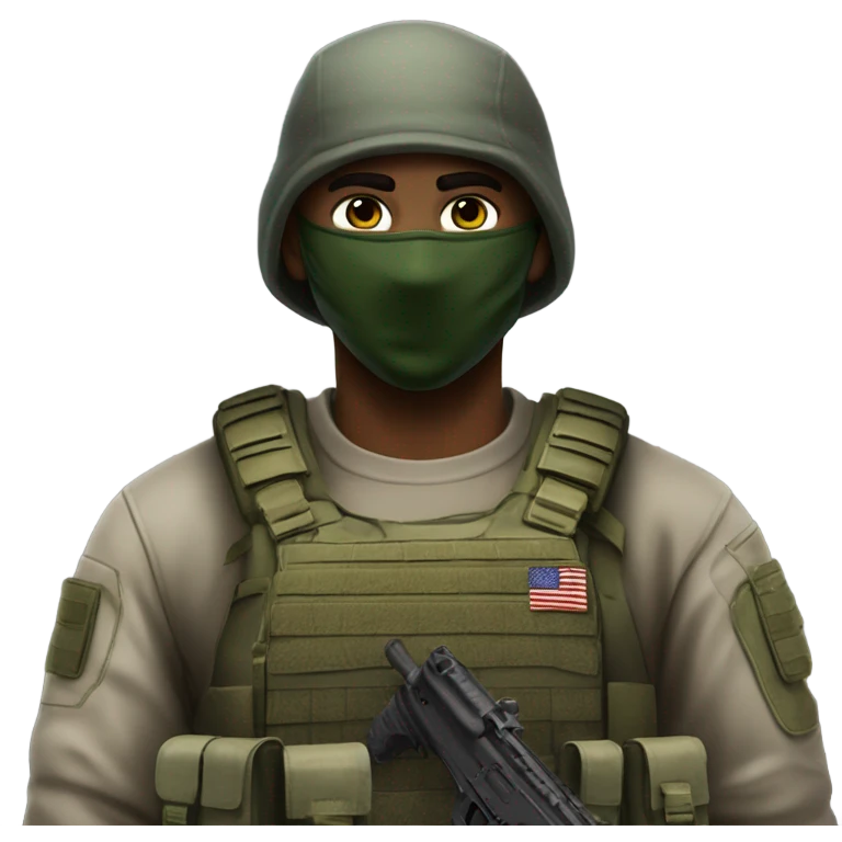 white male, tall, call of duty Logan mask, green camo tactical gear, combat boots, beanie, hazel eyes emoji