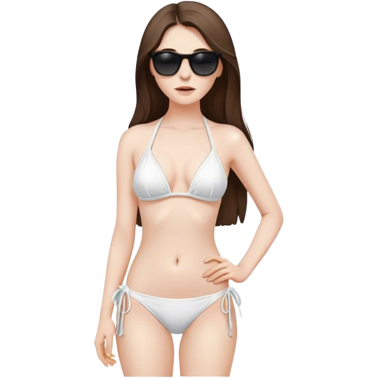 beautiful pale brunette girl with long hair posing with hand on waist on white bikini with black sunglasses  emoji