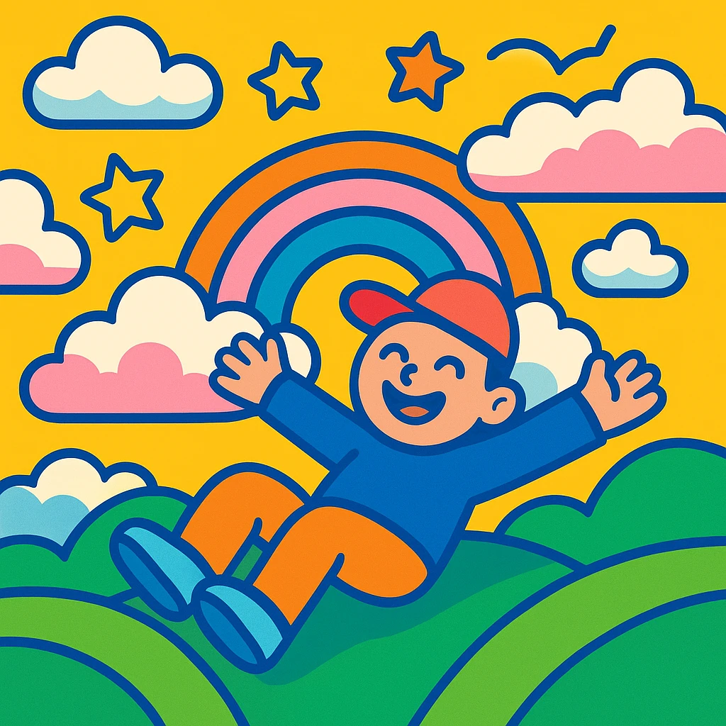 dream life as a colorful, whimsical scene with clouds, stars, and a happy character, in vibrant toon style emoji