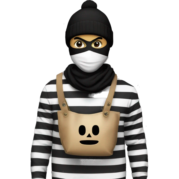 Robber,black and white striped shirt,black mask, money bag black beanie emoji