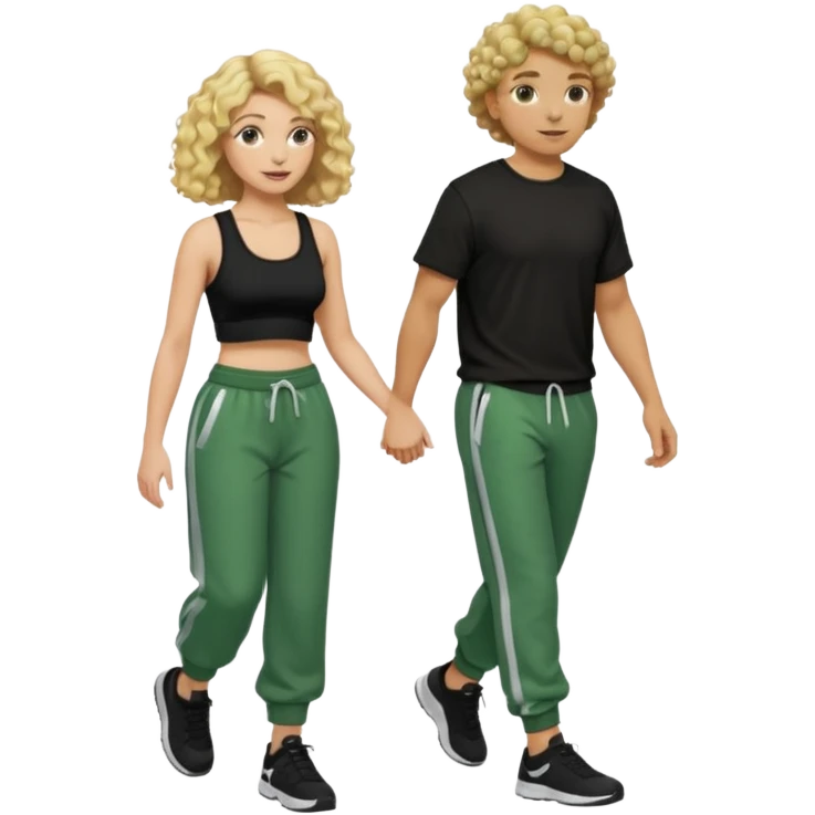 A white curly with curly blonde hair wearing a black crop top and baggy green sweatpants holding a mans hand walking emoji