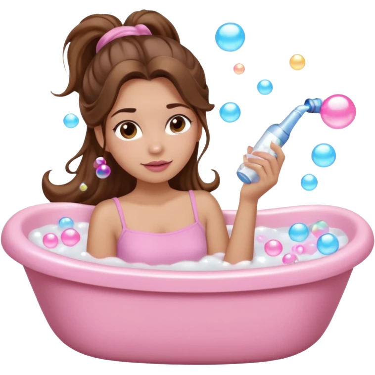 girl with wavy long ponytail brown hair, brown eyes, light to medium complexion, long lashes, light pink lipstick, wearing light pink shirt, lying full body in a white bathtub with bubbles emoji