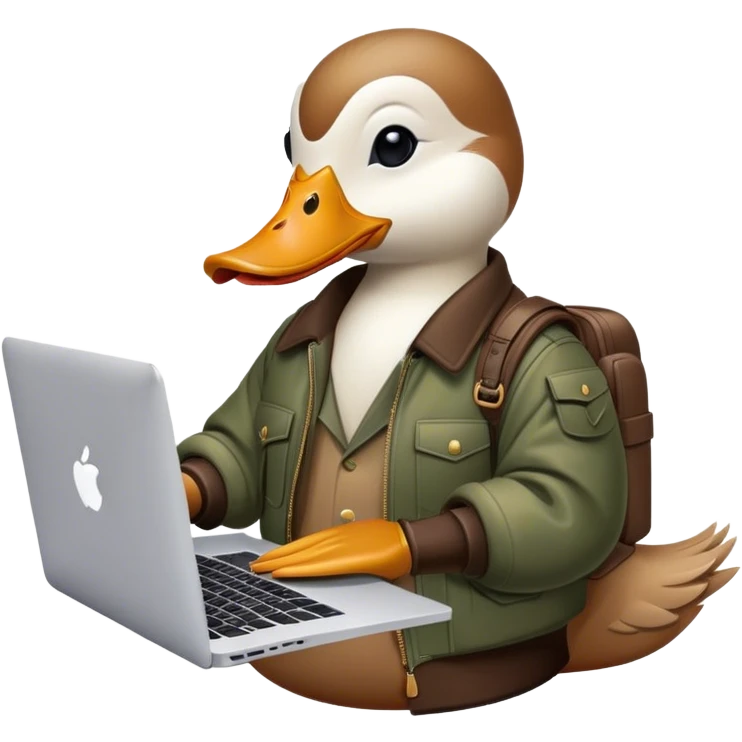 duck wearing a bomber from balenciaga and his working on a macbook emoji