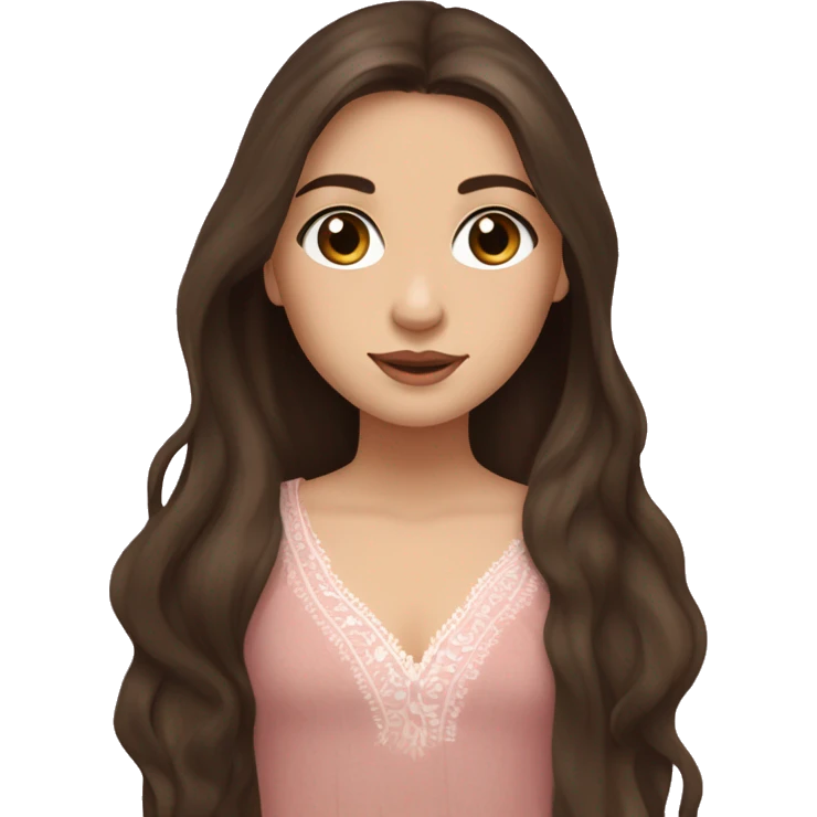 pale pretty brunette girl with really really long dark brown straight little bit wavy hair with brown eyes and wearing a brown boho top wearing eyeliner and wearing a pink lily flower in her hair emoji