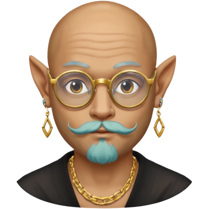 bald man with long goat beard and parti glasses and big gold ring earring and face tattoed emoji