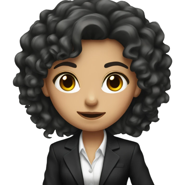 Brunette Girl with long curly hair in black suit with gun emoji