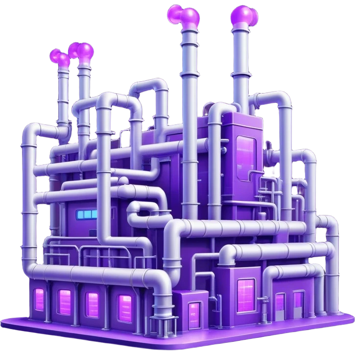 AI-powered factory. It should be a building with pipes. Add violet glowing symbolizing power of AI emoji