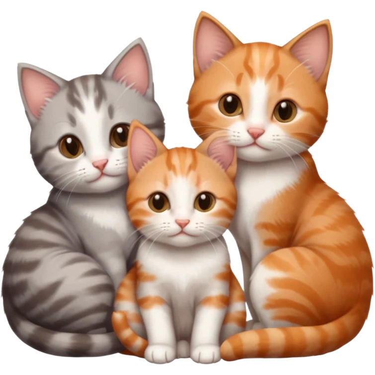 3 tiny kittens cuddling together all different colours, the first one is grey and white, the second is ginger and white and the third is brown tabby and white emoji