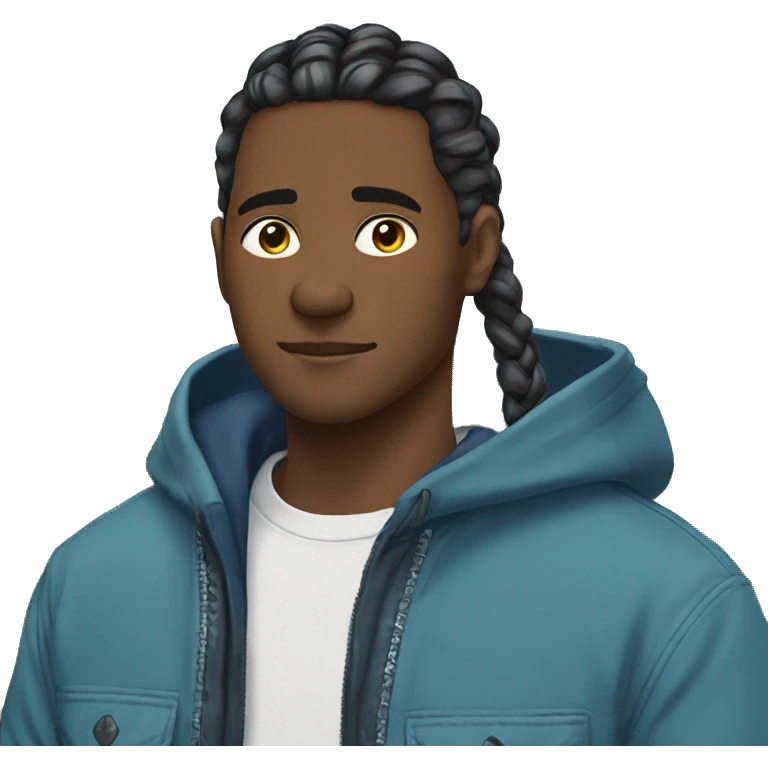 Large African man with braids and blue zip up jacket with anime shirt under jacket  emoji