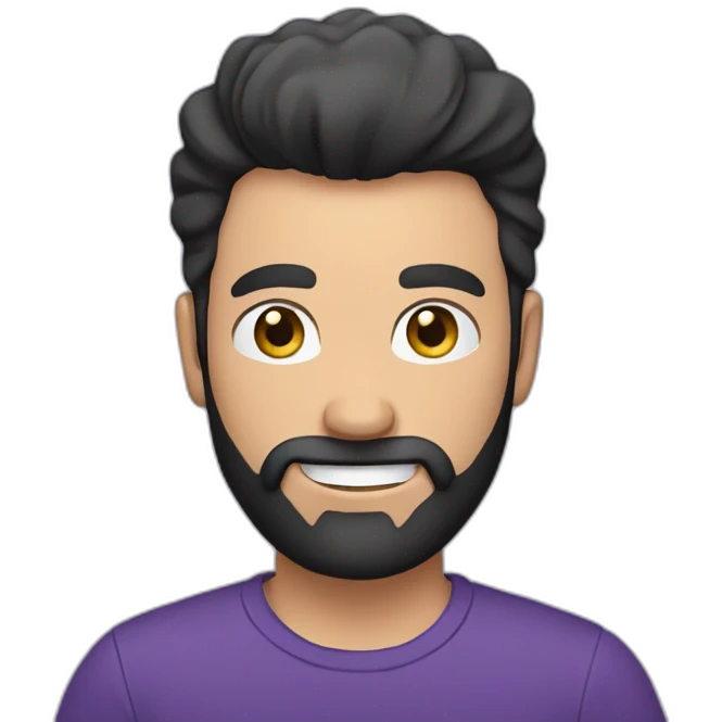 a white man with a black beard, pointing the camera with his index finger, he wears a purple tshirt, smiling,he has a modern haircut emoji