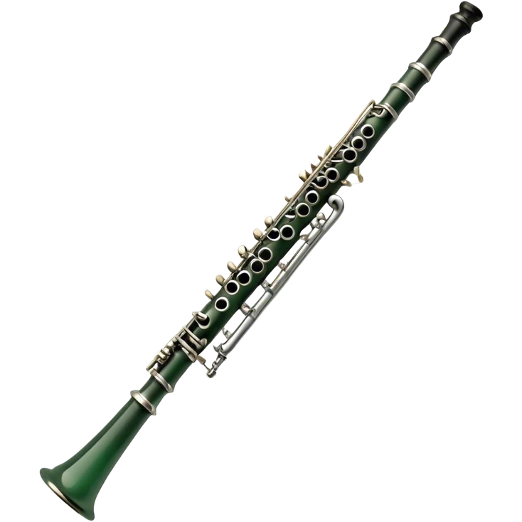 Create an elegant and refined emoji representing A clarinet. The design should showcase the sleek, black wood finish of the clarinet with its shiny metal keys and elegant detailing. Include the distinct, high-quality features, such as the unique greenish tint of the wood, giving it a modern and sophisticated look. Add subtle elements like the mouthpiece with the reed, emphasizing its importance in sound production. Use dark tones like ebony, silver for the keys, and soft light reflections to evoke a professional, classical feel. The background should be transparent. emoji