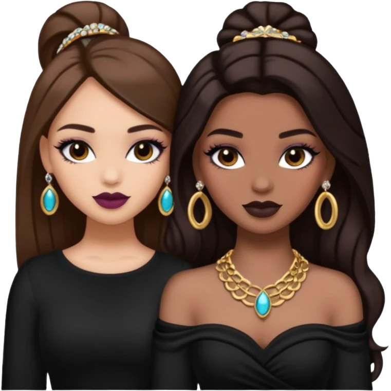 Boujy baddie best friends, trendy heavy makeup both dark hair one light skinned and one mocha brown pretty hair style both wearing black and jewelery  emoji
