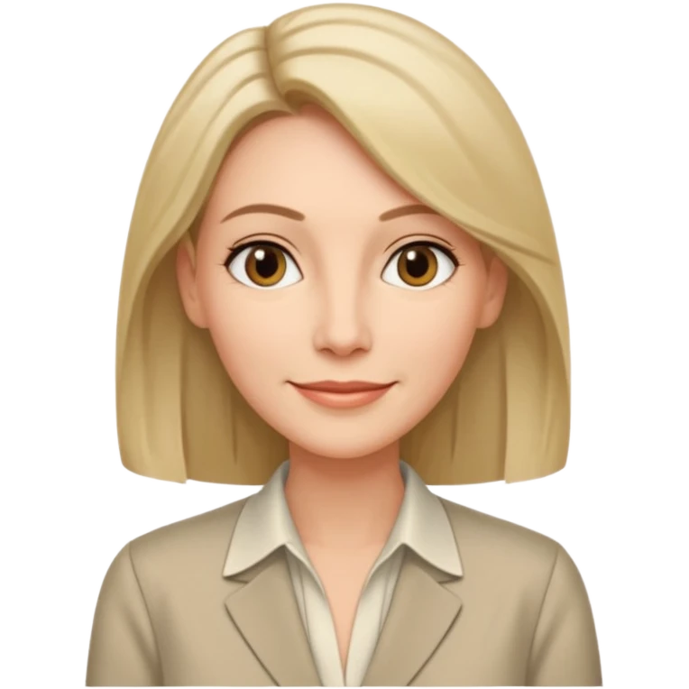 Женщина около сорока лет с прямыми волосами до плеч, собранными за уши, мягкая уверенная улыбка, строгая блузка нейтрального цвета без украшений. emoji